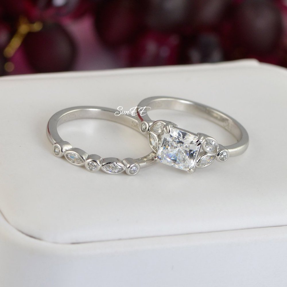 14k WHITE GOLD 925 STERLING SILVER PRINCESS CUT WEDDING BAND ENGAGEMENT RING - Picture 8 of 11